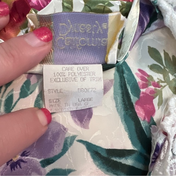 California Dynasty Floral Satin Robe Sz L Lace Trim Pockets 90s Lounge - Picture 6 of 8